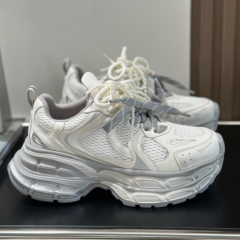 Leather Beaded Pair of Shoelaces Dad Shoes Women's 2026 Spring New Thick-soled Heightened Mesh Breathable Casual Sports Shoes
