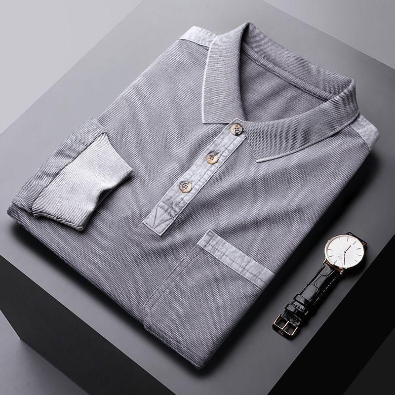 Men's Long-Sleeve Turn-Down Collar Polo Shirt with Ribbed Cuffs and Pocket, Loose Fit
