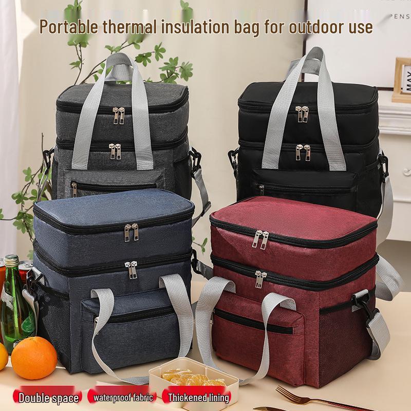 Large Capacity Double-Layer Lunch Bag for Outdoor Camping and Picnics with Optional Crossbody Strap