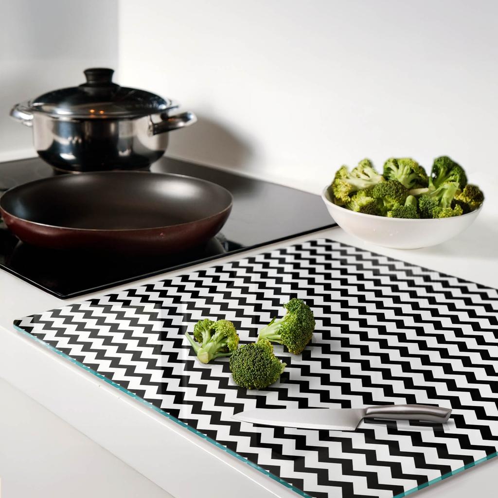 Tempered Glass Kitchen Serving Board with Zigzag Graphics 60x52 Cm