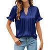 Women's V Neck Blouse Satin Top Short Sleeve Ruffle Cuff Pleated Front Casual Shirt for Summer Workwear