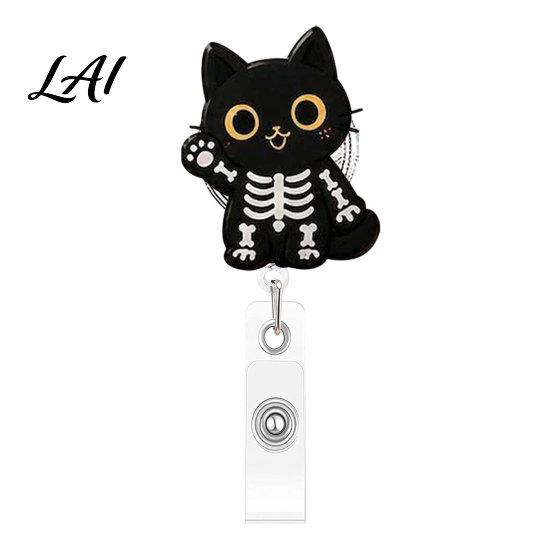 Acrylic Name Tag Holder Halloween Black Cat Pumpkin Badge Reel Retractable with 360 Degree Rotating Clip Clip Decorative Reel for ID Card And Nurse