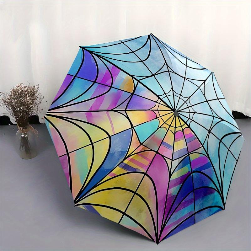 Spider Web, Stained Glass Automatic Folding Umbrella  8 Ribs, Durable Iron Frame, Bright Color Pattern Compact Travel Umbrella, Suitable for