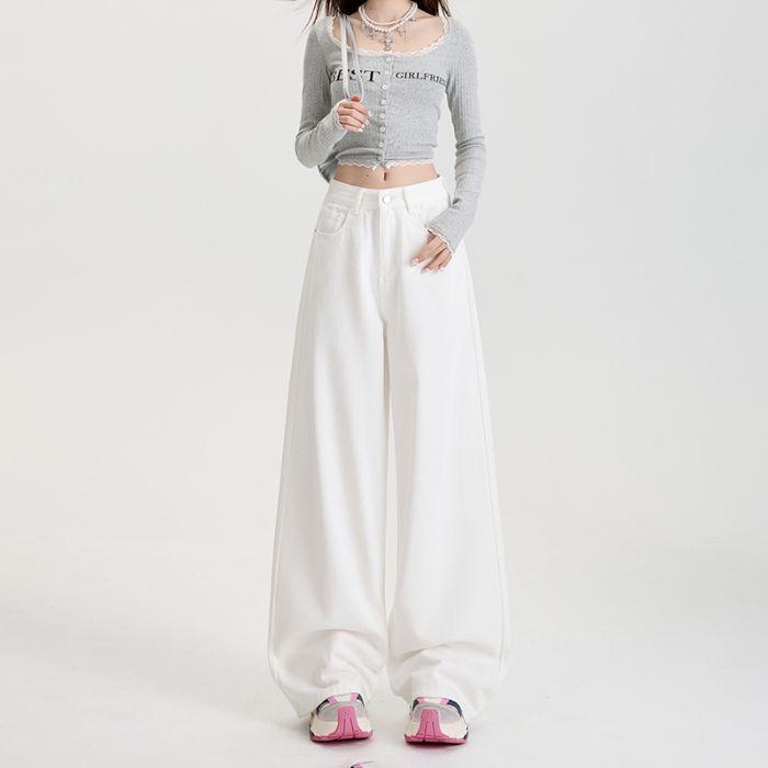 Spring Summer Three Proof Oil Stain Resistant Pure White Tencel Cotton Slim Wide Leg Denim Pants For Ladies Casual Pants Oversize Denim Trousers XS