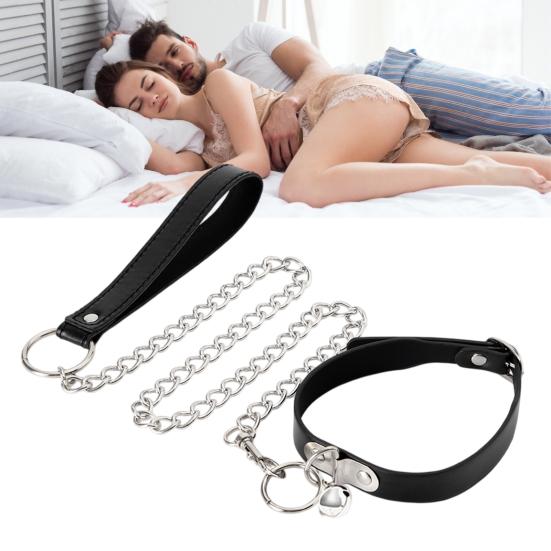 Faux Leather Choker Necklace And Leash Set for Women Adjustable Gothic Black Collar Chain Necklace with Bell for Clubwear Rave BDSM Cosplay