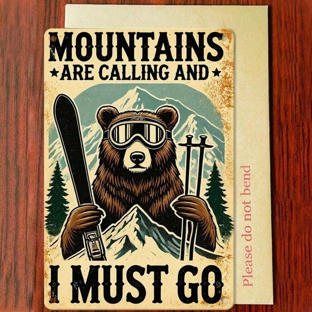 1PC Vintage Bear Hiking Tin Sign, The Mountains Are Calling Retro Outdoor Wildlife Metal Plaque, Sturdy Cabin Wall Decor
