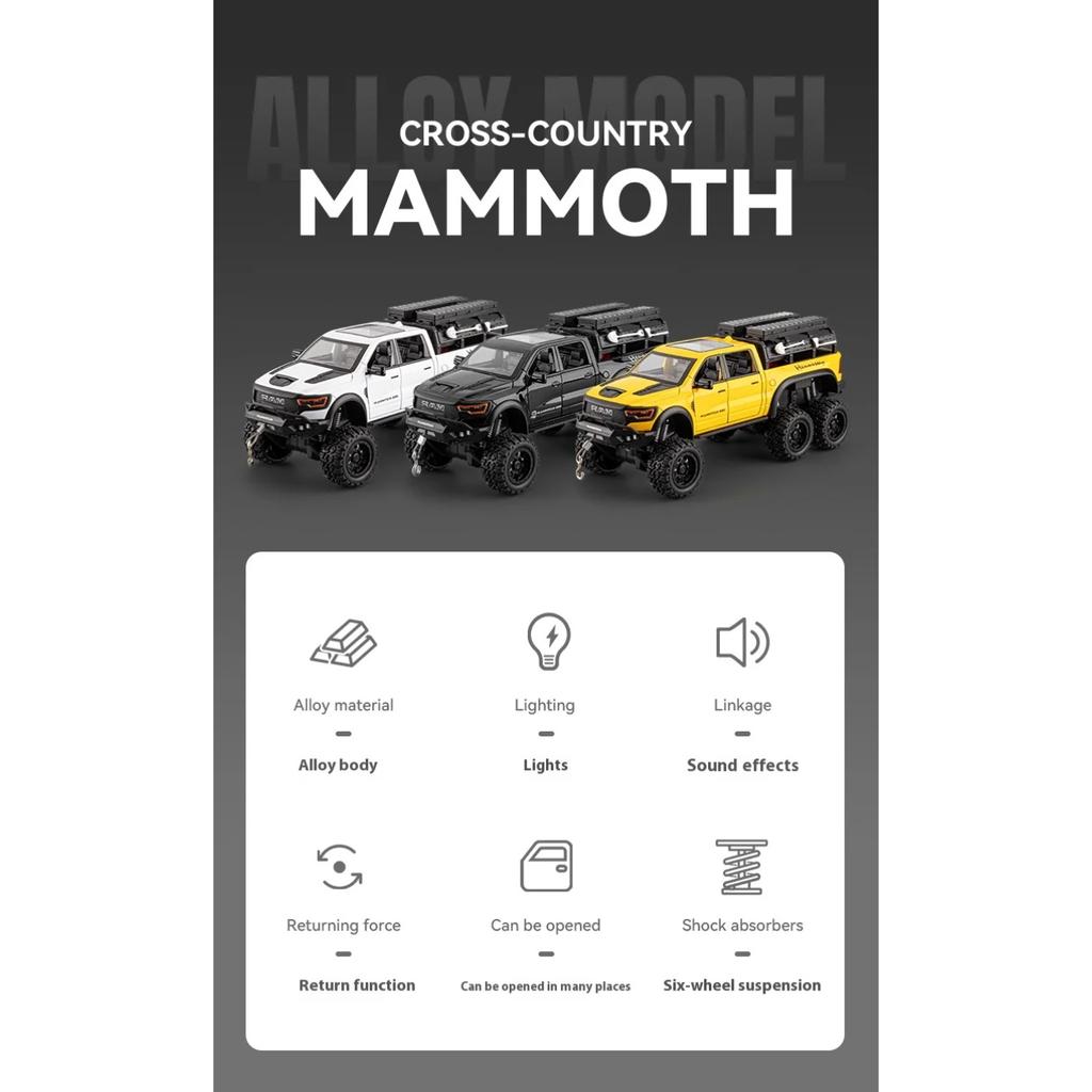 Large Size 1/24 Dodge Mammoth 6X6 Off-road Pickup Truck Children's Toy Car Simulation Alloy Car Model Ornament Boy Gift