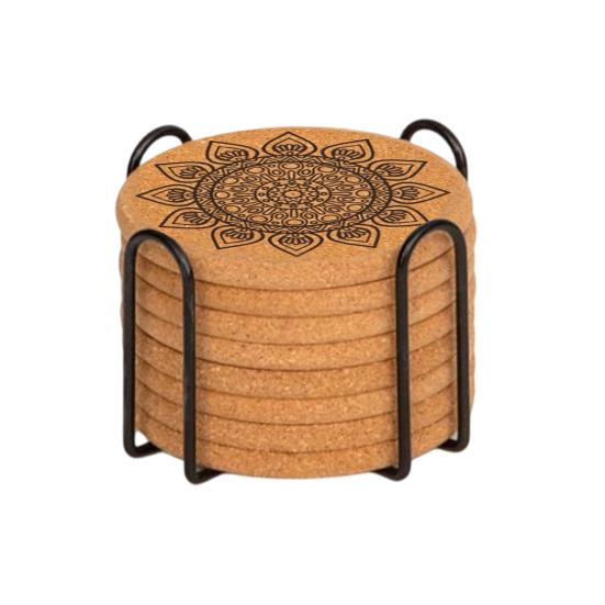 8Pcs Cork Coasters with Rack Round Retro Coasters Absorbent Heat-Resistant Table Mats Insulated Dining Placemats for Table Protection