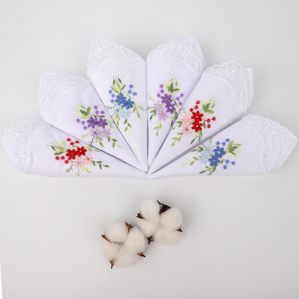 6-Piece Embroidered Pure Cotton Ladies' Handkerchiefs with Lace and Floral Design