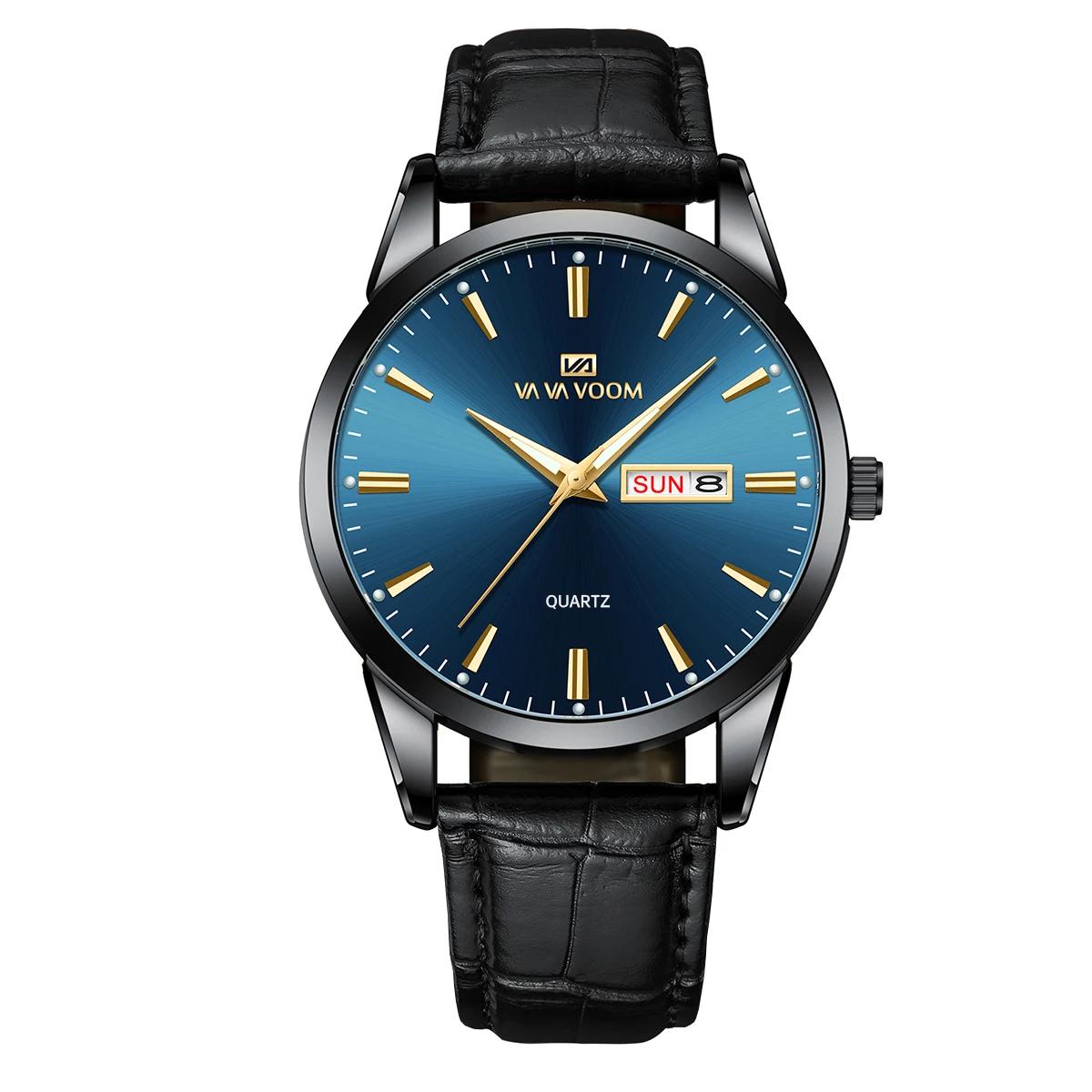 

VA VA VOOM Унисекс Кварцевые Часы Лучшие Мужские Кварцевые Часы Бизнес Часы Кожаный Ремешок Модный Стиль Классические Двойной Календарь Женские Кварцевые Часы Men’s Quartz Watches синий