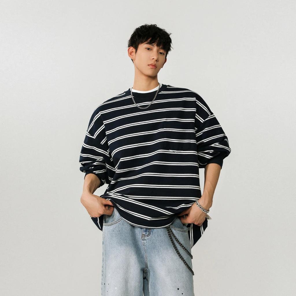 Męskie Koszulki w Paski Harajuku Wiosenne Męskie Casualowe Koszulki z Okrągłym Dekoltem Męskie Białe Koszulki z Długim Rękawem Mężczyzna Koszulka Oversize