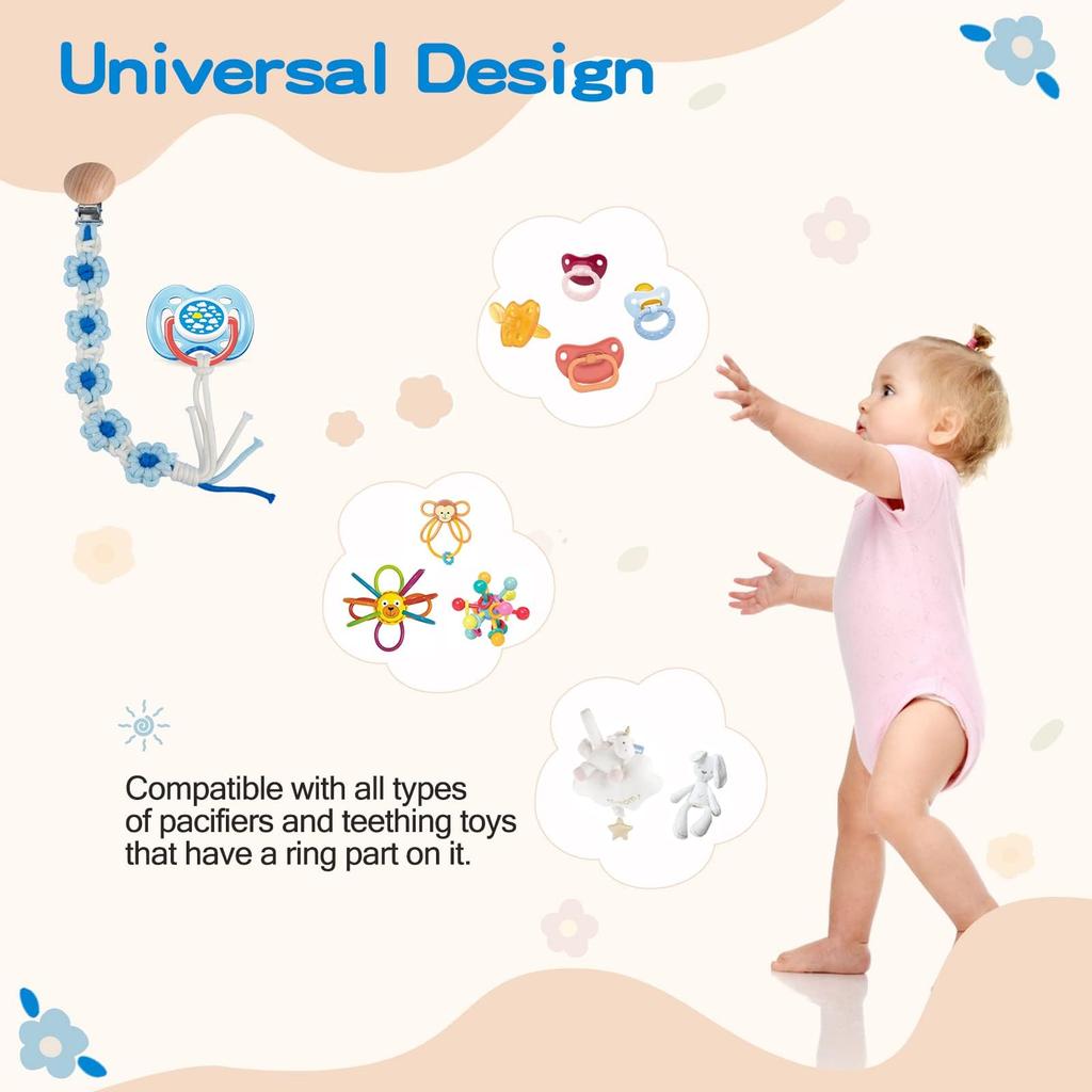 Symbolife Pacifier Daisy Floral with Wooden 30cm Unisex Blue Frost Clip, Print, Clip, Stretchable, Cotton, (Baby & Blue)