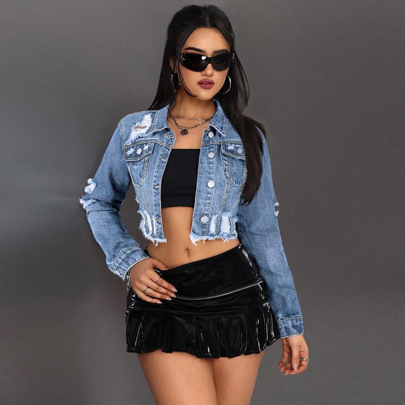 Damen Neue Denim Mode Zerrissenes Quasten Top Jacke