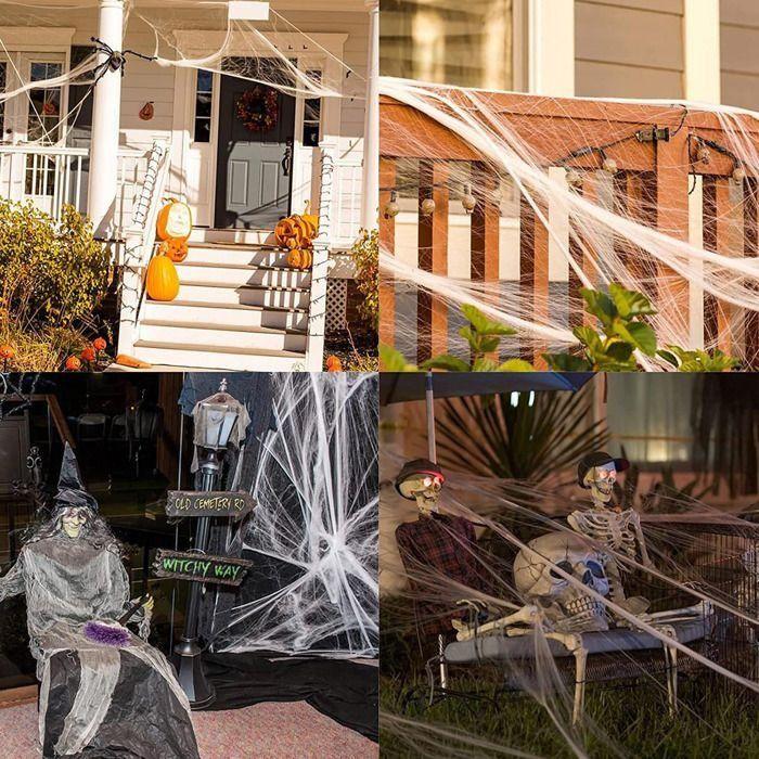 Décoration toile d'araignée Halloween - AIMOONSA - 40 fausses araignées - Extensible - Nouée à la main - Blanc
