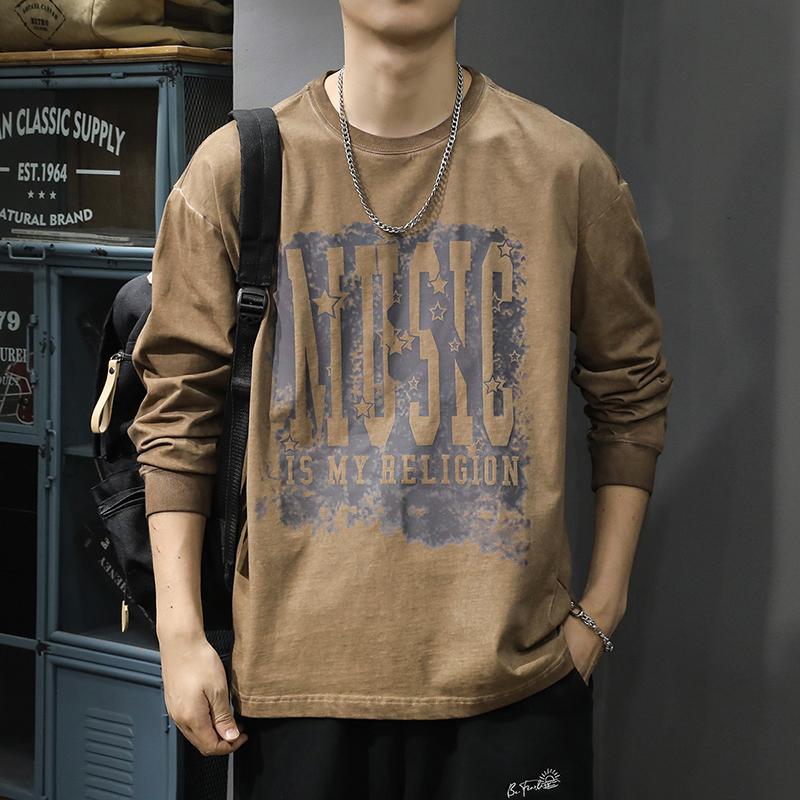 

Мужская футболка с длинными рукавами и принтом в американском ретро-стиле, осенний свободный свитер из чистого хлопка с круглым вырезом от модного бренда M хаки