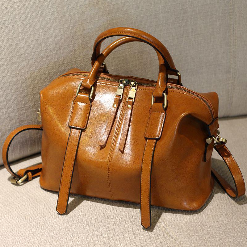 Spring and Summer Hand-carrying Retro European and American Leather Boston Women's Bag Trendy Leather One-shoulder Crossbody Bag