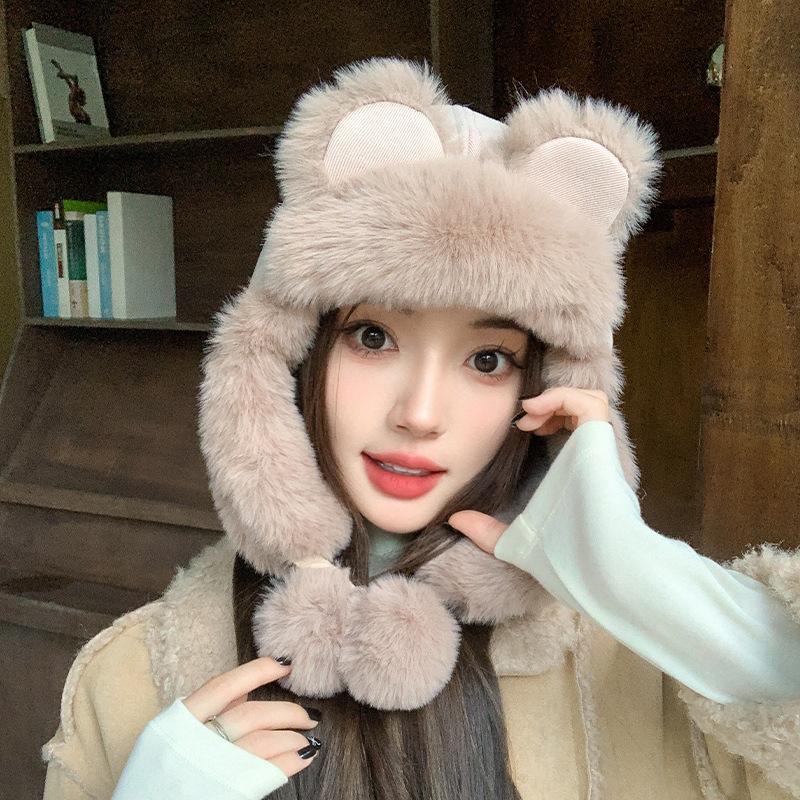 Cute Hat Female Winter Warm Lei Feng Hat Ear Protector Hairball Plush Hat Big Head Circumference Hat