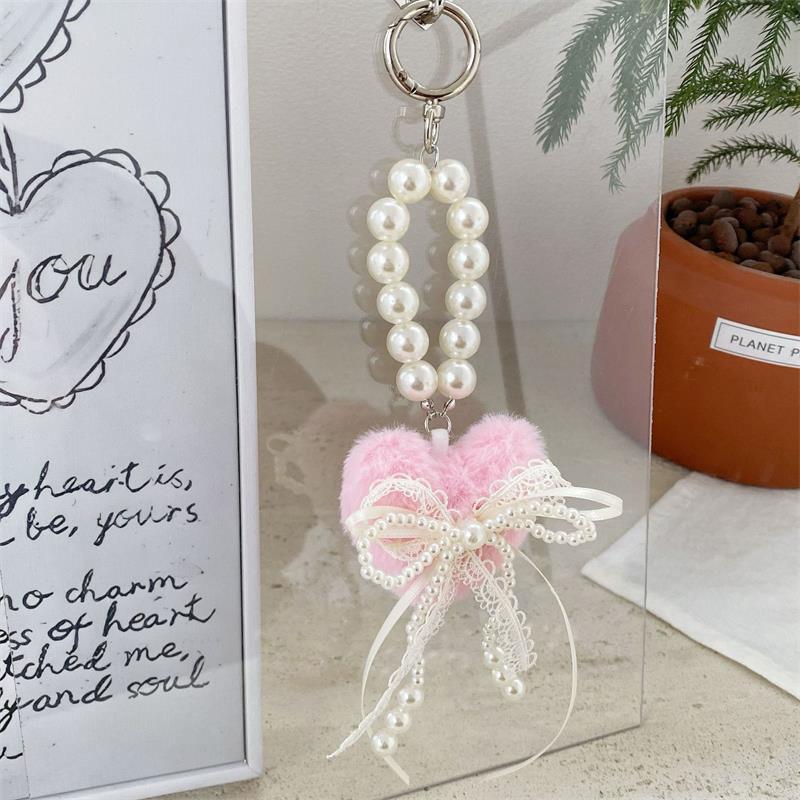 Cute Sweet Plush Heart Love Lace Bow Pearl Chain Keychain Pendants Backpack Charm Bag Hanging Ornaments Girly Phone Chain Gifts