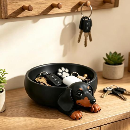 Dackel Aufbewahrungsschale 3D-gedruckte Schale, Harz Hundeförmiger Schreibtisch-Organizer für Schlüssel Schmuck, Dekorative Skurrile Wohnaccessoires Schälchen,