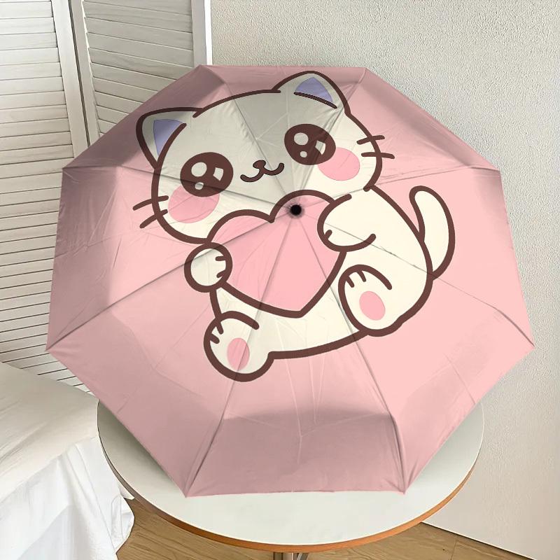 Adorable Kitten Heart Love Print Umbrella - Automatic Opening & Closing, Outdoor Travel Accessory, Lightweight and Durable 160