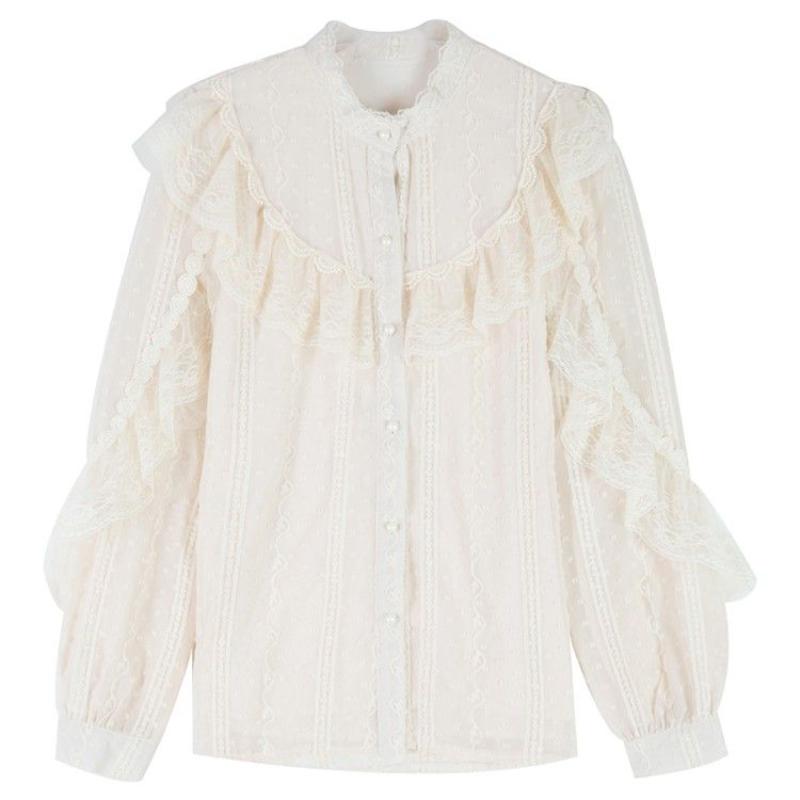 Stand-collar Bottomed Lace Shirt for Women Loose Long-sleeved Shirt Casual Fashion Top