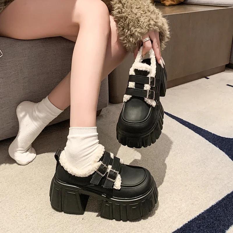 Fashion 8.5CM Winter Warm Casual Leather Shoes Heels Women High Platform Fur Sneakers Thick Sole Plush Sport Leather Shoes Zapatos Mujer