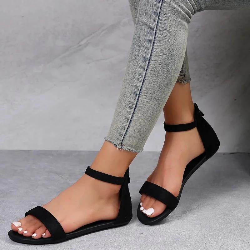 Chic Womens Flat Sandals Comfortable Open Toe Summer Shoes with Lightweight Rear Zipper Perfect for Stylish Casual Wear