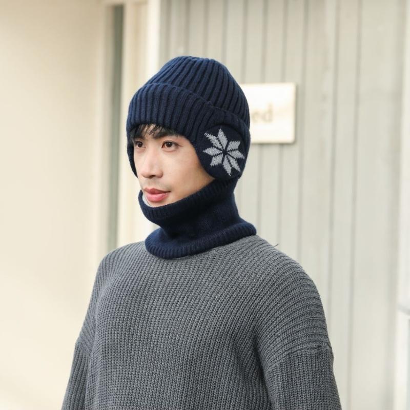 Unisex Warm Fleece Lined Knitted Hat Set for Men Winter Cycling Windproof Cold Proof Large Brim Woolen Overhead Accessory