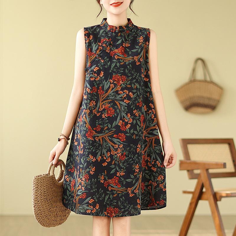 Retro Modifizierter Scheibenknopf Cheongsam Rock Locker Schlankmachendes Ärmelloses Bedrucktes Kleid