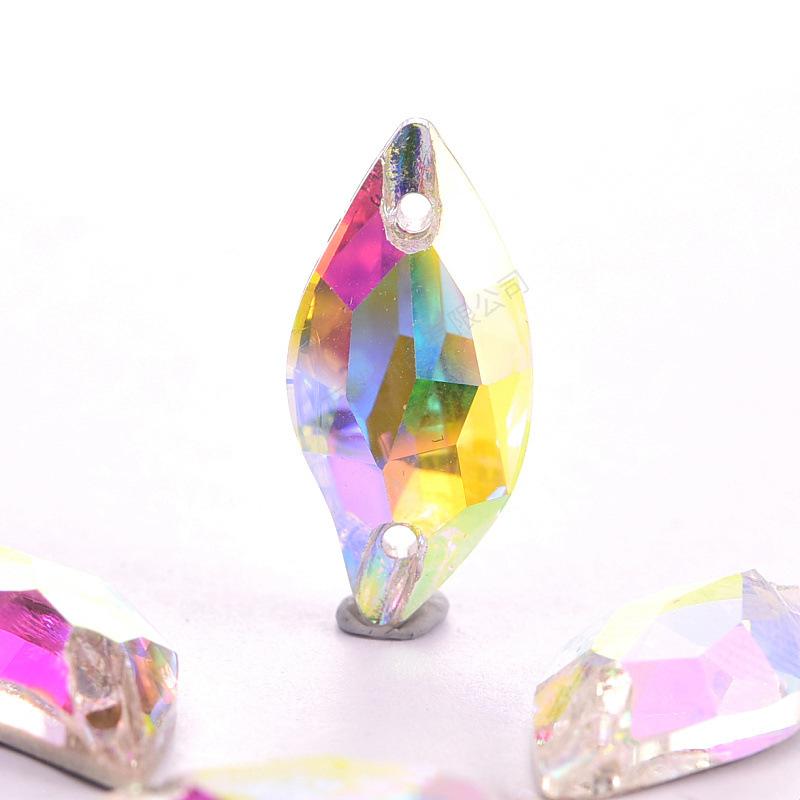 K9 Glass Willow Leaf Flat Bottom Hand Sewn Drill, High Imitation Aojin Bottom Double Hole Flat Buckle Diy Clothing Rhinestone Jewelry Accessories