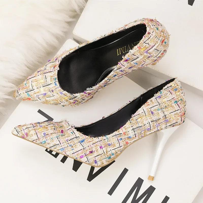 Elegant Ladies Shoes Tweed Cloth Pointed Toe Mixed Color Slip On Fashion Thin High Heels Shallow Party Sexy Woman Shoes Footwear