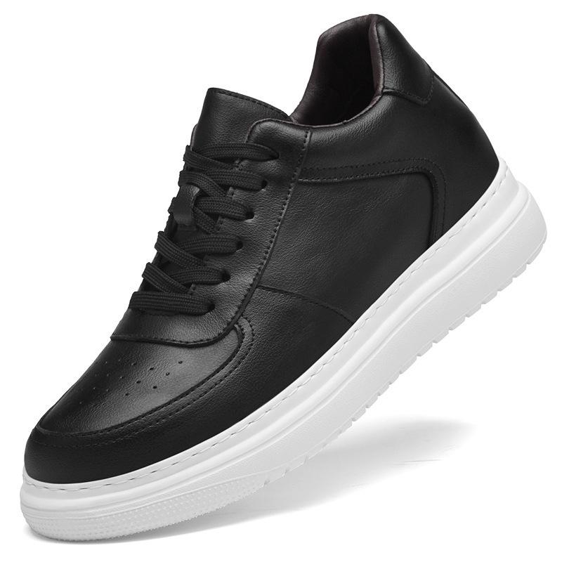 Men's Autumn White Cowhide Sneakers: New Fashion, Thick Sole, Hidden Height Boost, Breathable Round Toe Sports Design