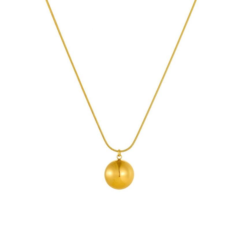 Gold Plated Stainless Steel Herringbone Chain Necklace with Round Dome Pendant for Women