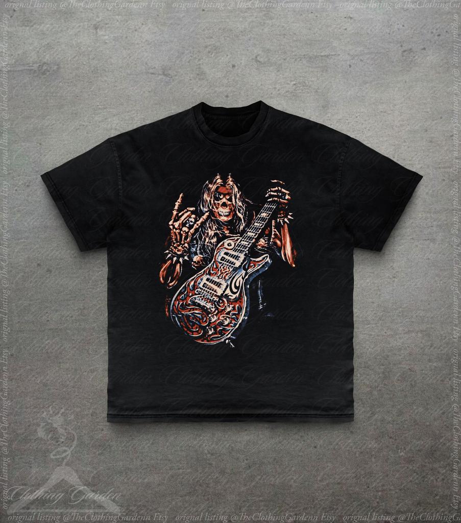 Y2k Skeleton Rockstar Guitar Graphic Tee, Skull Rock and Roll Print Shirt, Vintage Band Streetwear for Men Women, Metal Music Gift For Him