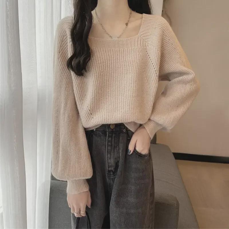 European Style Women's Lantern Sleeve Knitted Sweater Top