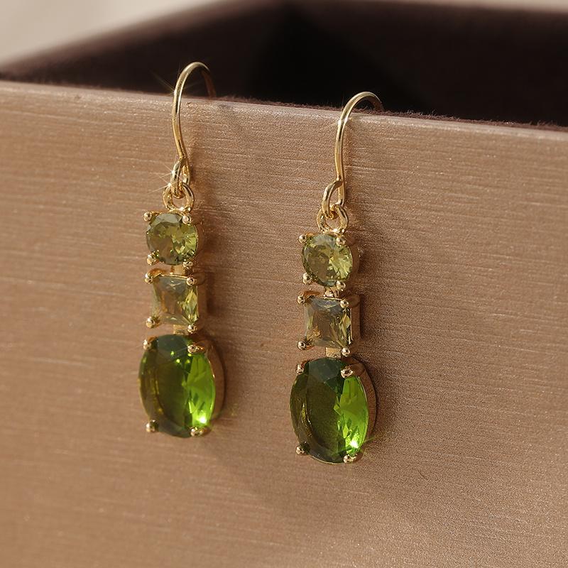 Paar Elegante Grüne Retro Geometrische Hängeohrringe mit Synthetischem Zirkonia, Vergoldet, Perfekt für Damen-Feiertagspartys