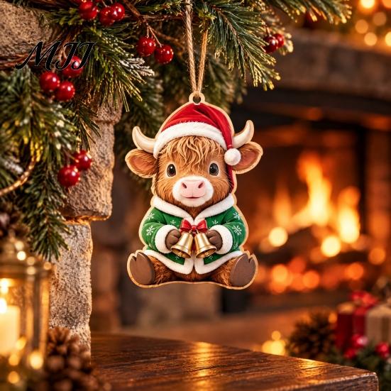Highland Cow Christmas Ornaments Wooden Ornament, 2D Cute Hanging Rustic Farmhouse Decor with String, Animal Holiday Tree Party Decoration for