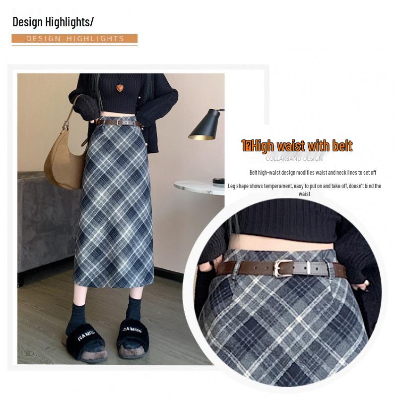 Falda Midi de Lana a Cuadros Retro: Cintura alta corte A con abertura, Adelgazante Largo medio para Otoño/Invierno 2023