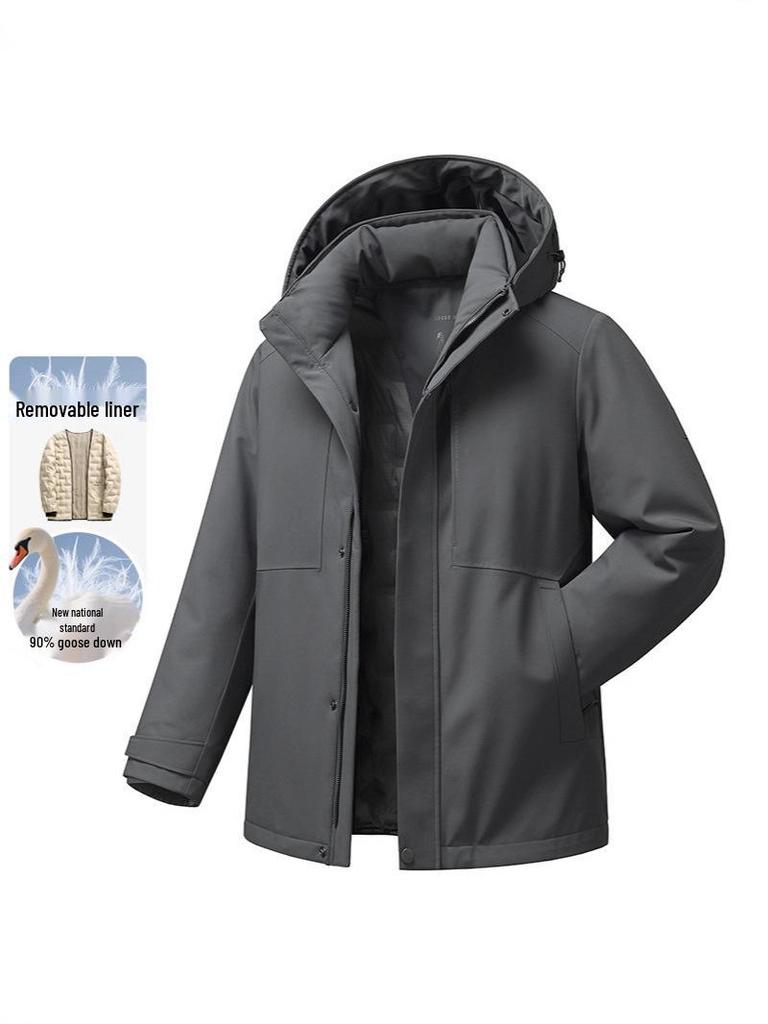 Herren Mittellange Kapuzenjacke aus Gänsedaunen - Neuer Stil, Verdickt, Abnehmbar, Warme Winter Business Casual Oberbekleidung