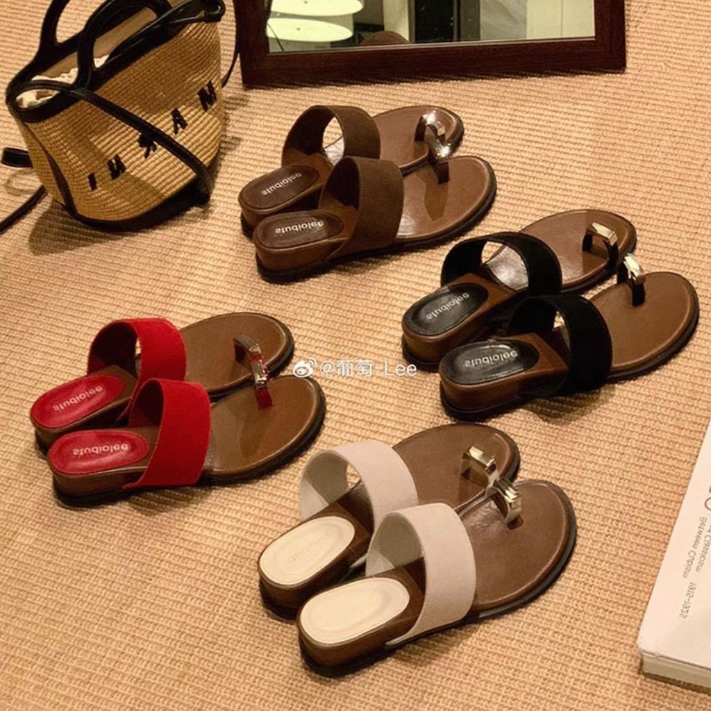 Grape Mother Studiolee Leather Version Increased Height by 4cm~ One-word Belt Outer Wear Cover Toe Herringbone Flat Bottom Toe Slippers