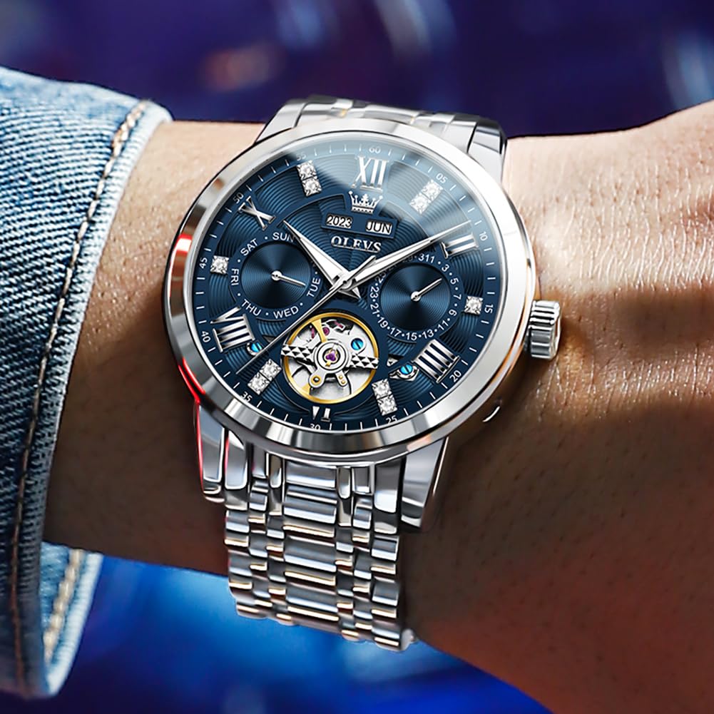OLEVS Mechanische Automatikuhr mit Handaufzug, Ewiger Kalender, Skelett-Metallarmband, stilvolle Retro-Uhr, leuchtend, wasserdicht, für Herren, Blau