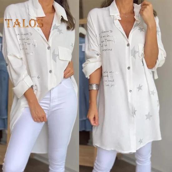 

Женская джинсовая рубашка с лацканами и длинными рукавами с принтом, рубашка в стиле бойфренда с завязками на пуговицах и манжетами, однобортная рубашка средней длины