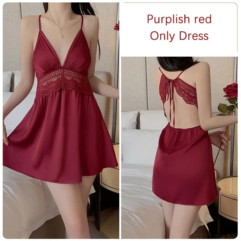 Pajama Set Women's Sexy Pajamas Satin Soft Backless Suspender Dress with Bra Pajama Set Women