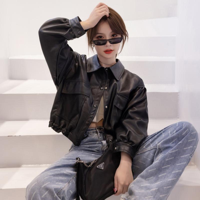 

Повседневная кожаная куртка для женщин, короткий фасон, весна и осень, новая корейская версия, свободная, облегающая, темпераментный верх, модная куртка из стираной полиуретановой ткани XL