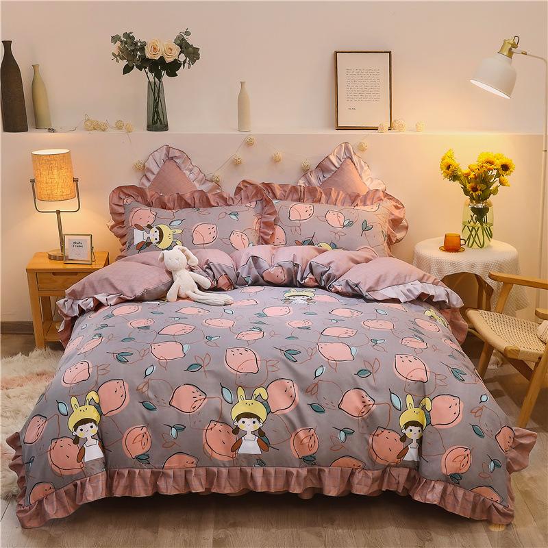 Korean Style Bed Skirt Four-piece Set Pure Cotton Edge Bed Sheet Thickened Plant Cashmere Brushed Skin-friendly Bedding