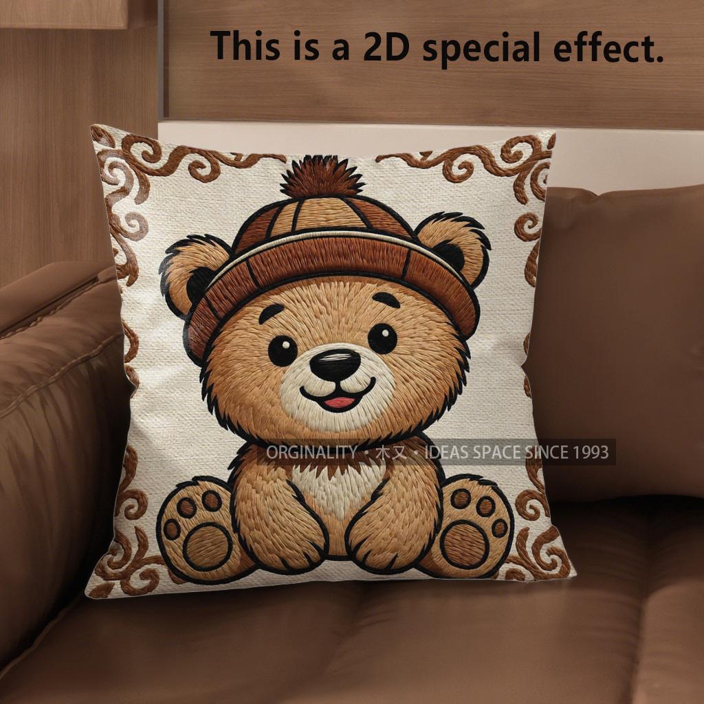2D Cute Bear-Patterned Throw Pillow Covers Pattern Cushion Cover Suitable For Sofa Bedroom Car Pillow Cover