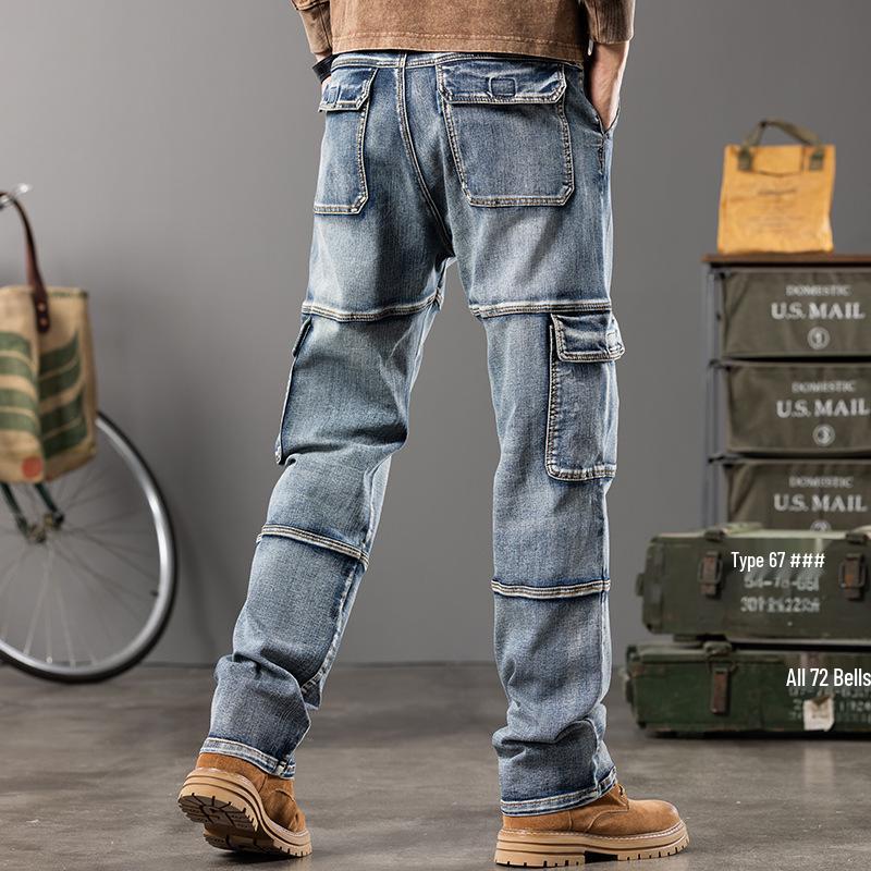 Men's Plus Size Wide Leg Multi-Pocket Workwear Denim Pants