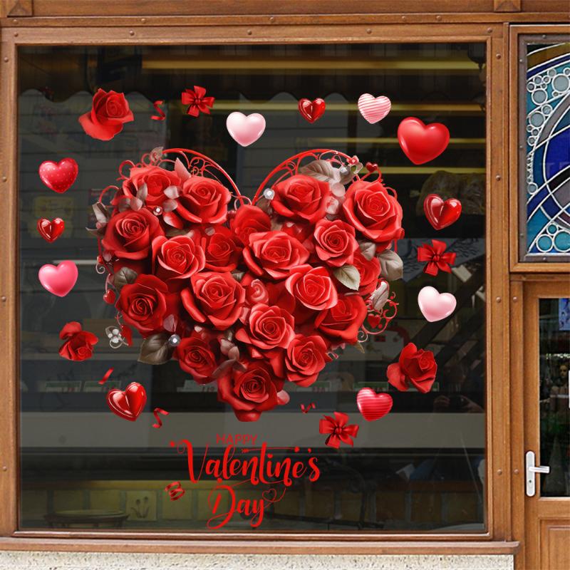 יום האהבה רומנטי אדום ורוד ורד צורת לב מדבקות לחלון קישוט אווירה חגיגית למסיבה לבית לחנות למסעדה