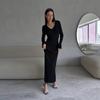 Women Elegant Solid Slim Long Sleeve Ribbed Knitted Dresses Autumn Winter Casual Basic V-neck Warm Sweater Dress