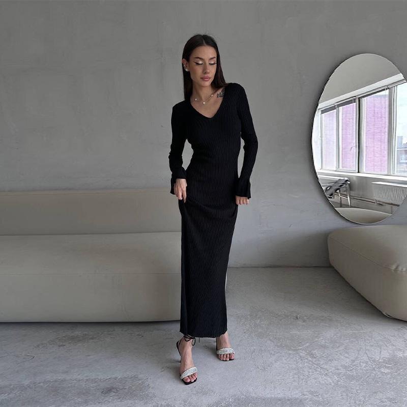 Women Elegant Solid Slim Long Sleeve Ribbed Knitted Dresses Autumn Winter Casual Basic V-neck Warm Sweater Dress